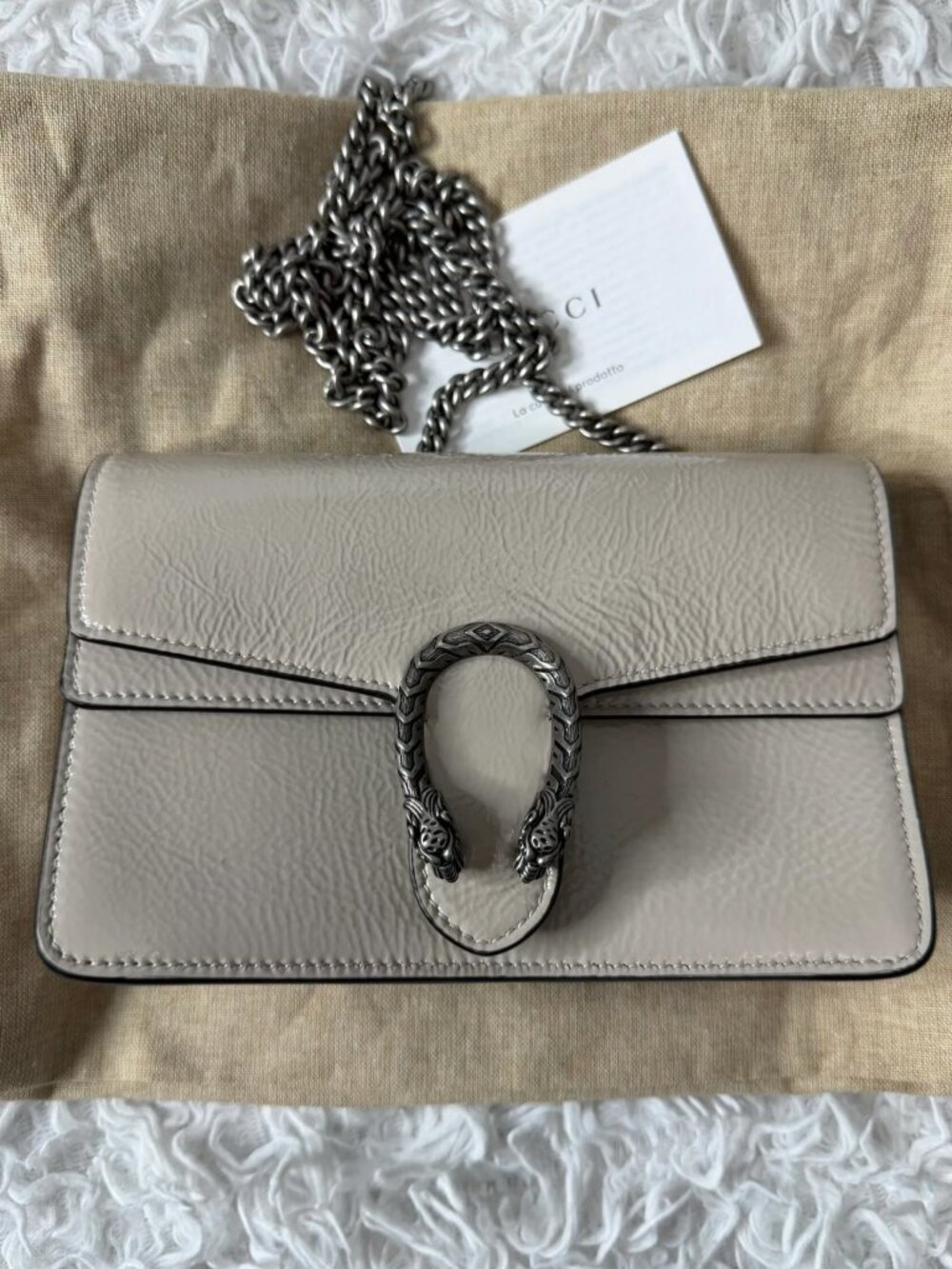 Gucci Dionysus Grey Crinkled Patent Leather Super mini bag